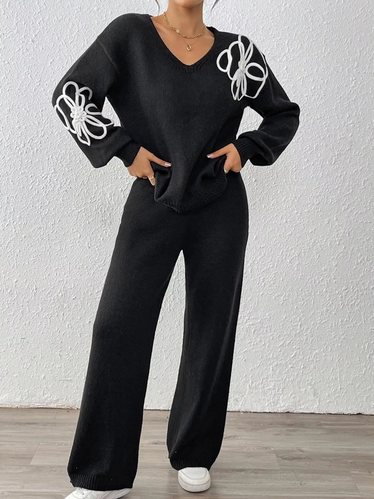 V-Neck Dropped Shoulder Top and Pants Sweater Set in Black
