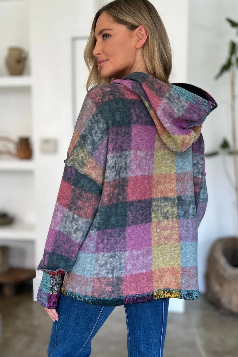 Double Take Full Size Plaid Dropped Shoulder Fleece Hoodie Plus Size - Lilixa.store