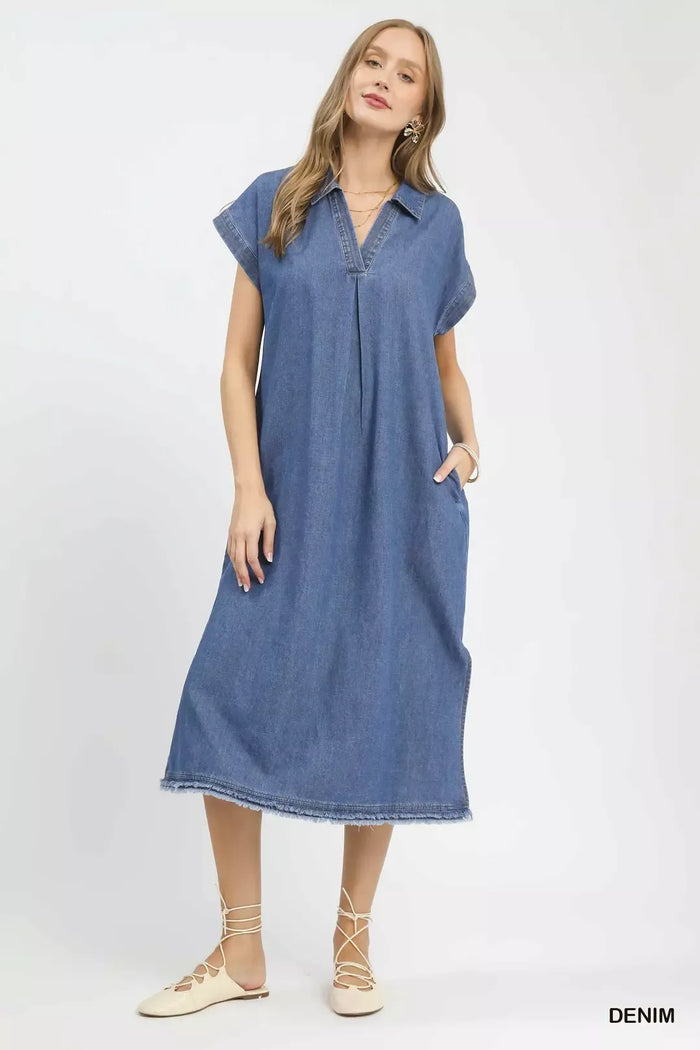 Umgee Stone Washed Collared Denim Midi Dress - Lilixa.store