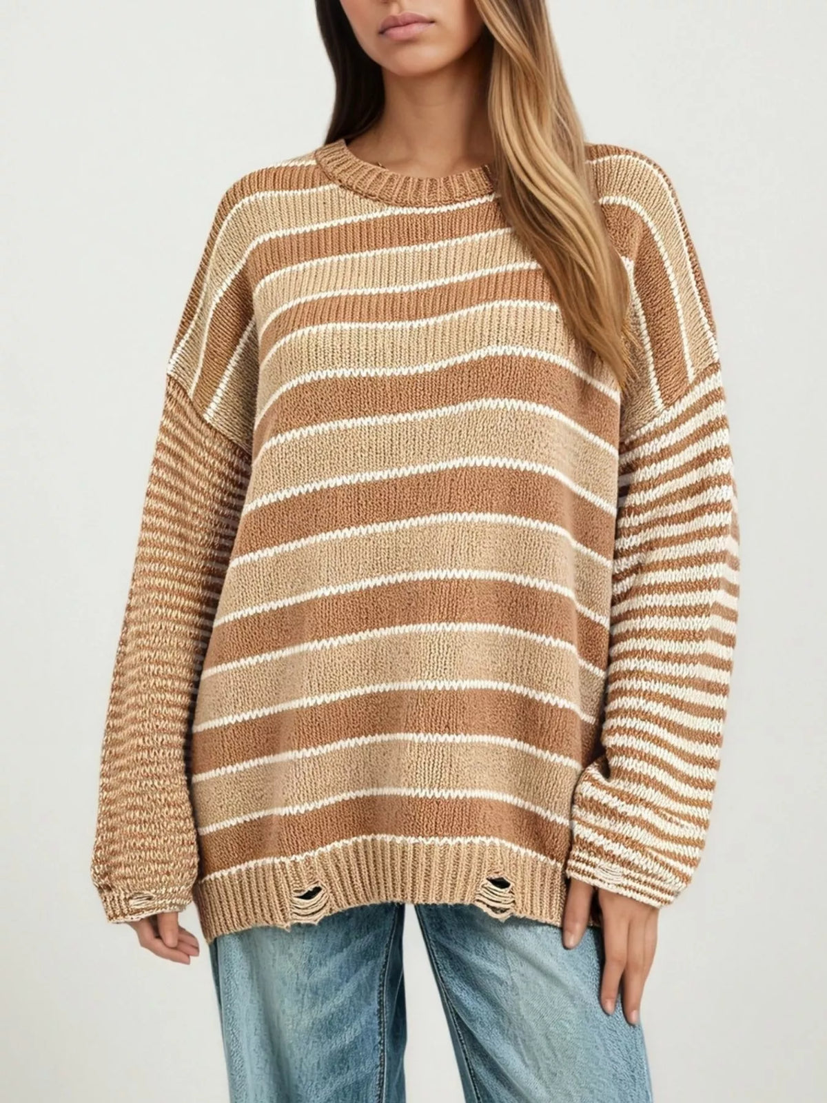 Oversized Striped Distressed Sweater - Lilixa.store
