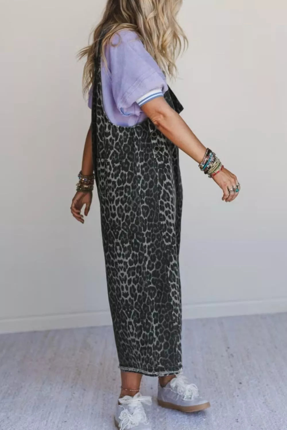 Leopard Print Button Adjustable Straps Cropped Loose Denim Overalls - Lilixa.store