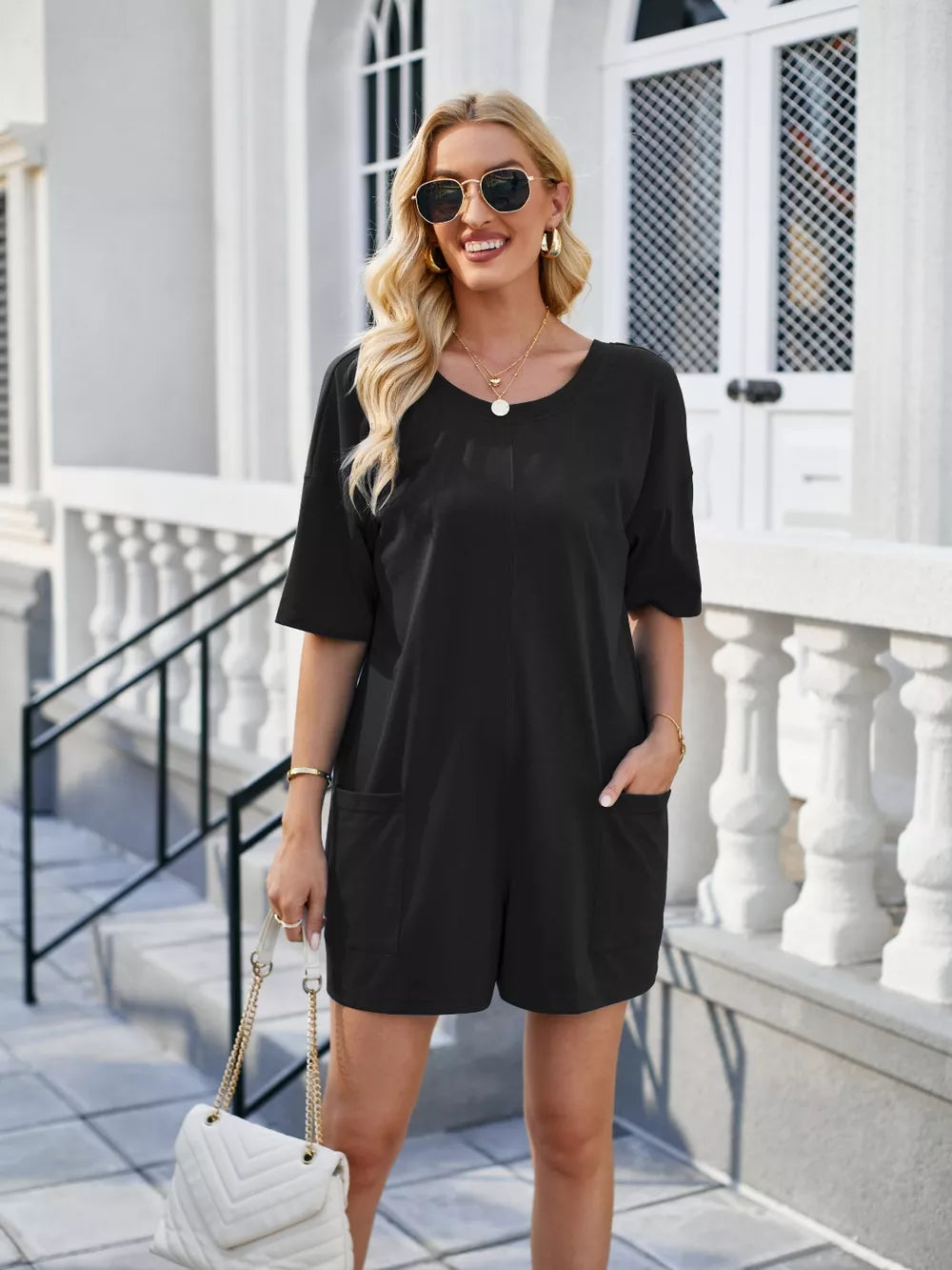 Lovelet Backless Pocketed Round Neck Half Sleeve Romper - Lilixa.store