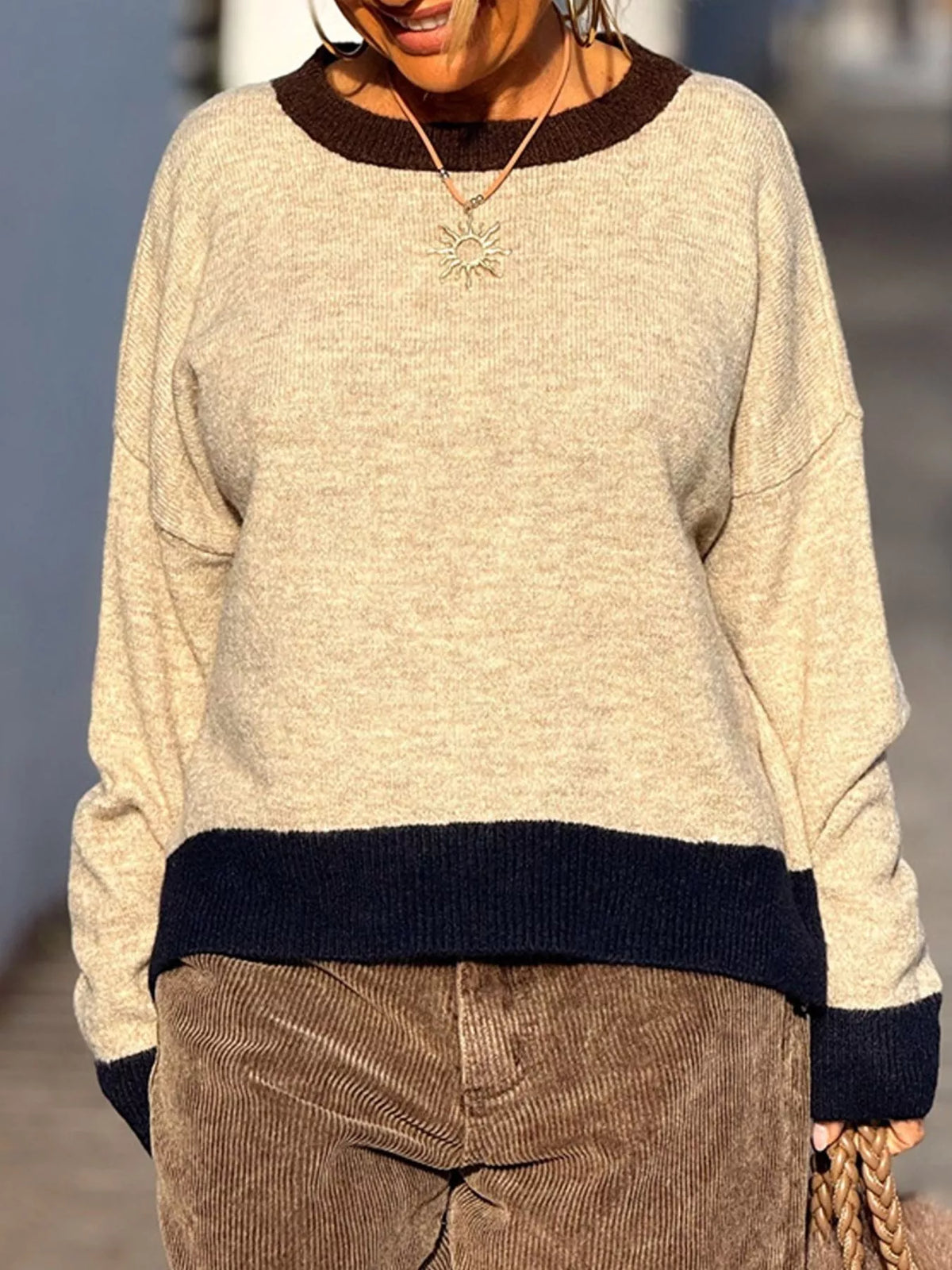 Contrast Trim Crew Neck Sweater
