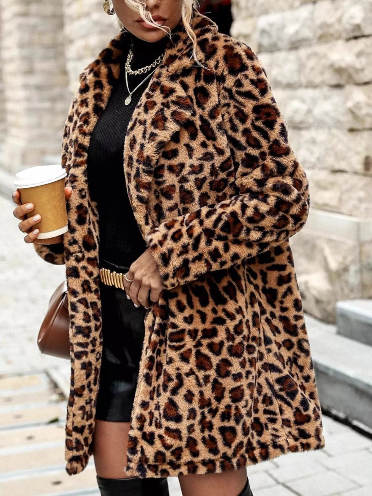 Leopard Print Faux Fur Longline Coat in Gold, view 3