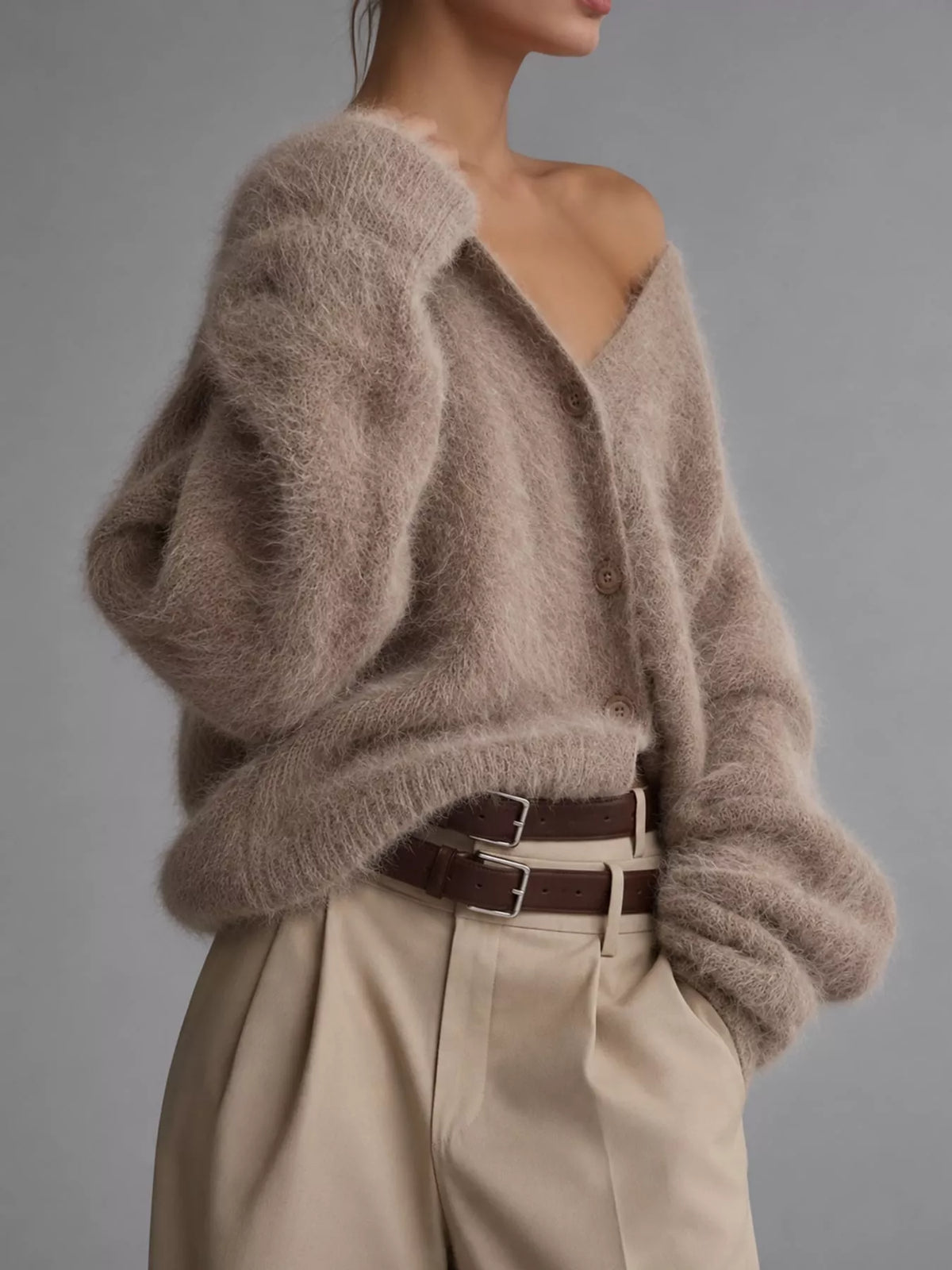 Fuzzy V-Neck Button-Down Cardigan, view 11