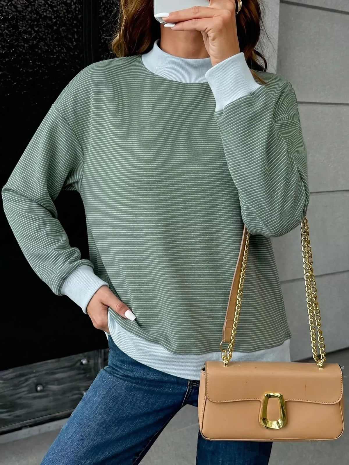 Casual Mock Neck Striped Long Sleeve T-Shirt