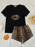Leopard Lip Graphic Top and Shorts Lounge Set - Lilixa.store