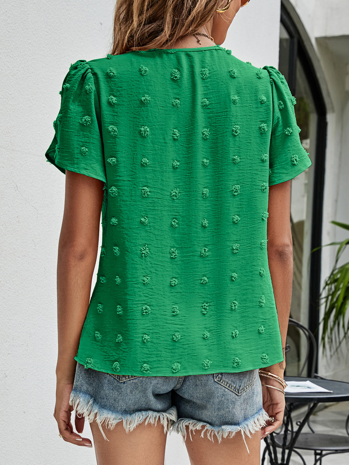 Swiss Dot Round Neck Petal Sleeve Top, view 18