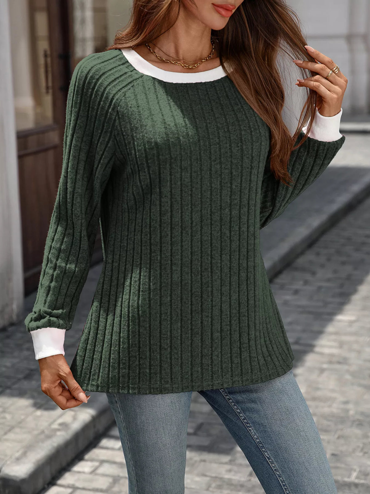 Ribbed Round Neck Raglan Sleeve Knit Top - Lilixa.store