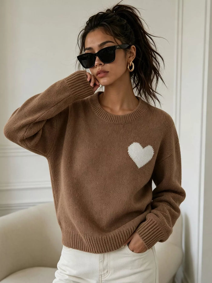 Heart Pattern Round Neck Sweater in Brown
