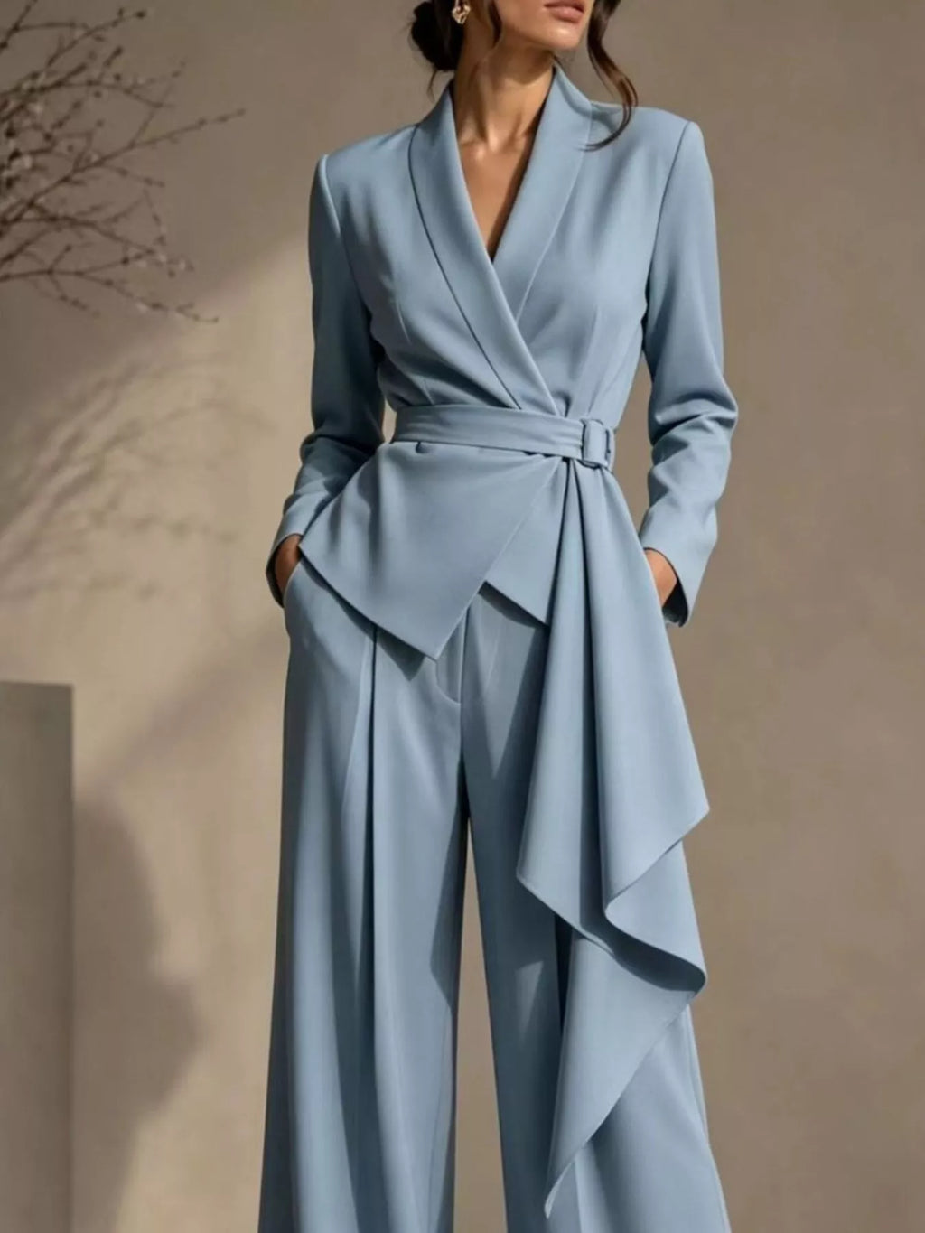 Full Size Belted Blazer and Wide-Leg Pants Set Plus Size - Lilixa.store