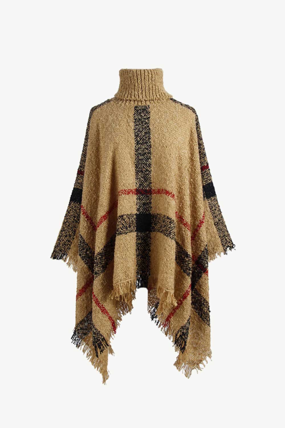 Plaid Turtleneck Raw Hem Poncho in Camel