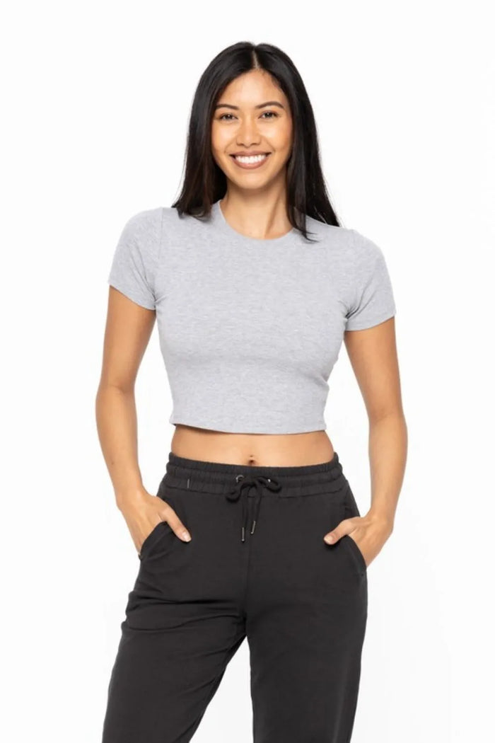 MONO B Essential Micro-ribbed Cropped Athleisure Tee in Heather Grey