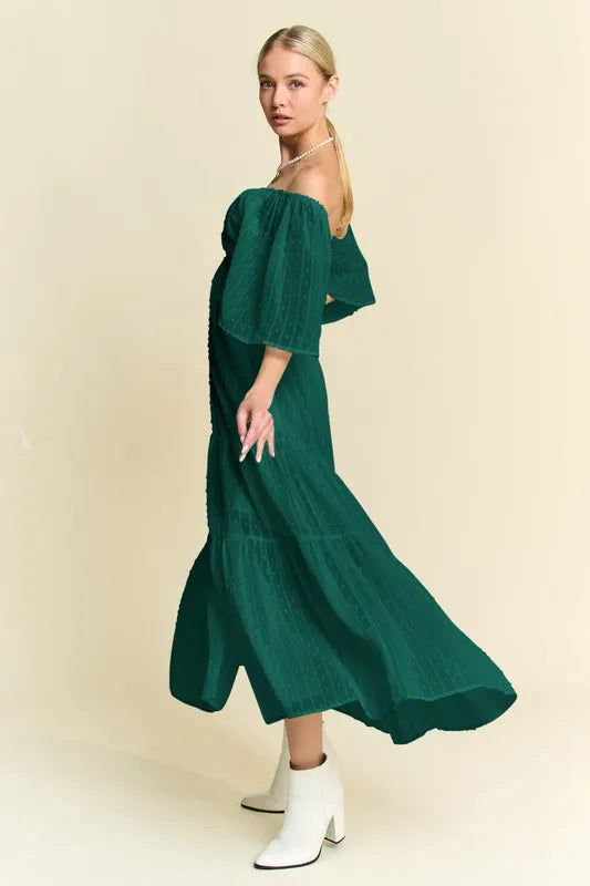 Davi & Dani Swiss Dotted Ruched Ruffle Open Back Midi Dress - Lilixa.store