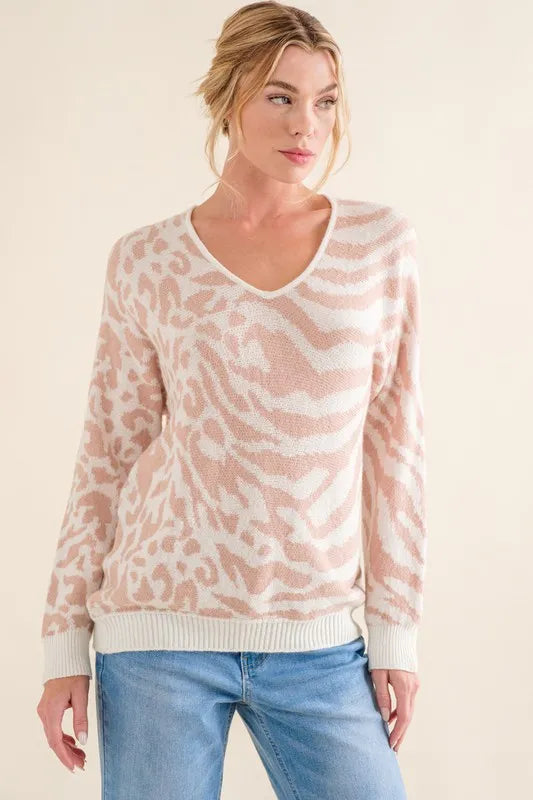 And The Why Leopard Zebra Combo Casual Sweater Top in Pale Pink