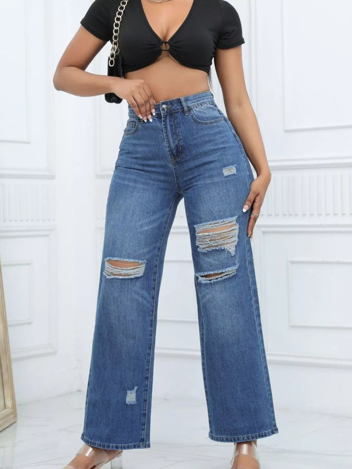 Distressed Wide-Leg Jeans - Lilixa.store
