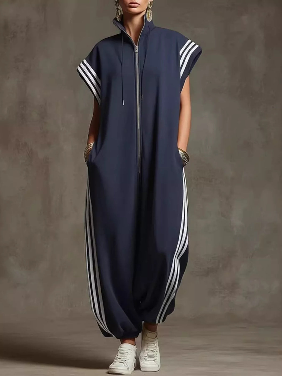 Full Size Side Stripe Zip-Front Wide Leg Jumpsuit Plus Size