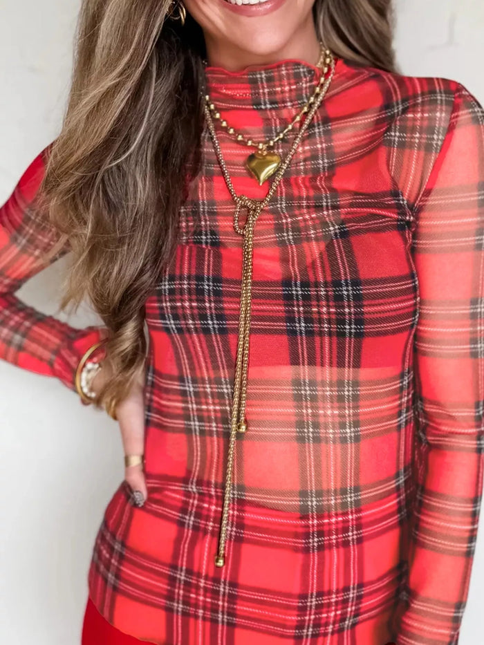 Sheer Plaid Mock Neck Long Sleeve Blouse in Deep Rose