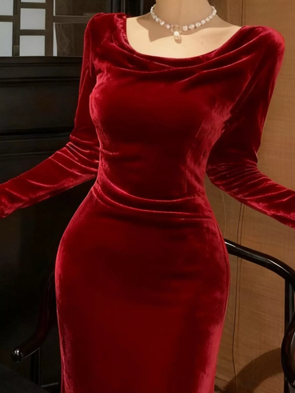 Velvet Cowl Neck Long Sleeve Midi Dress - Lilixa.store