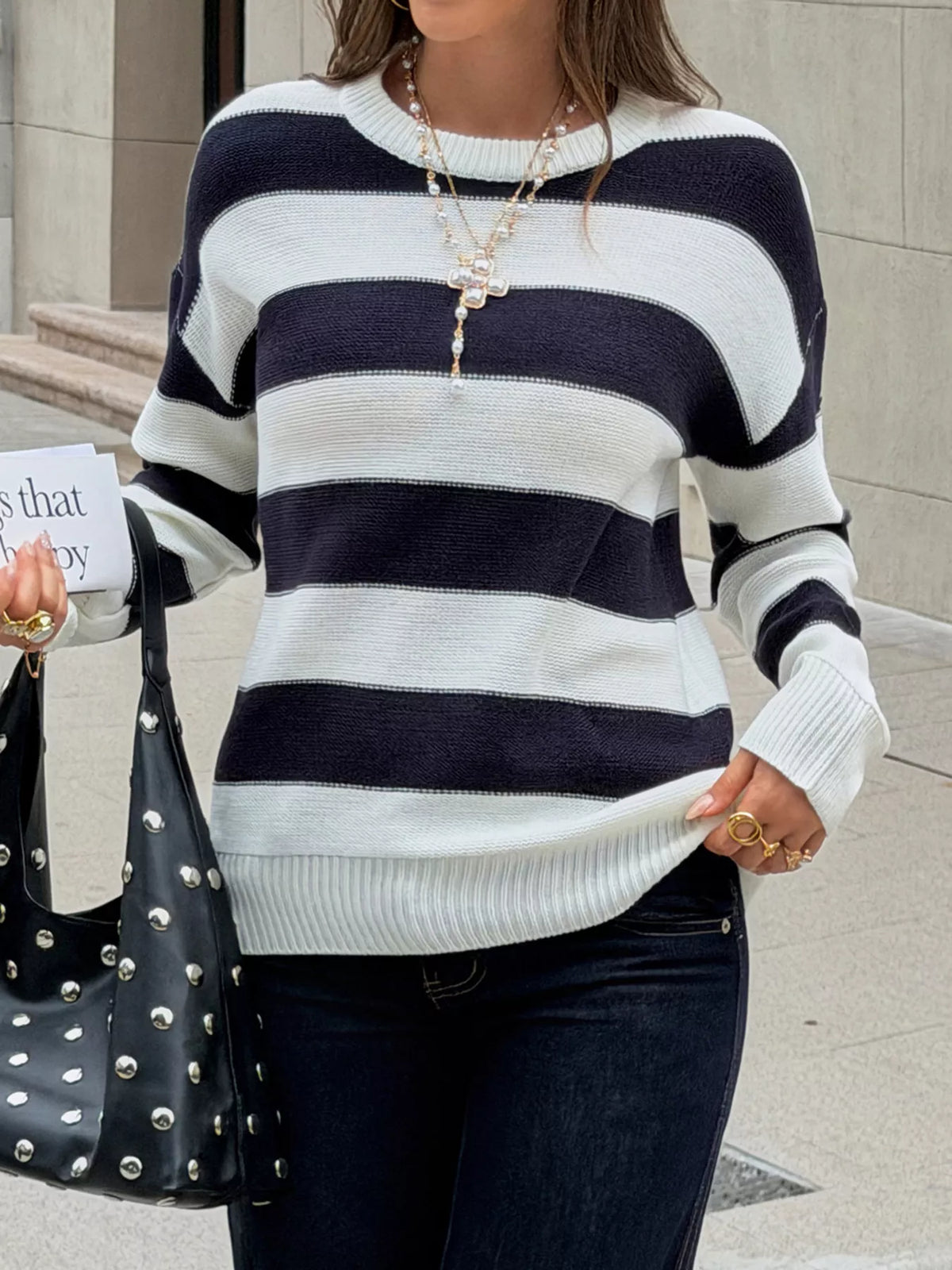 Striped Crew Neck Sweater - Lilixa.store