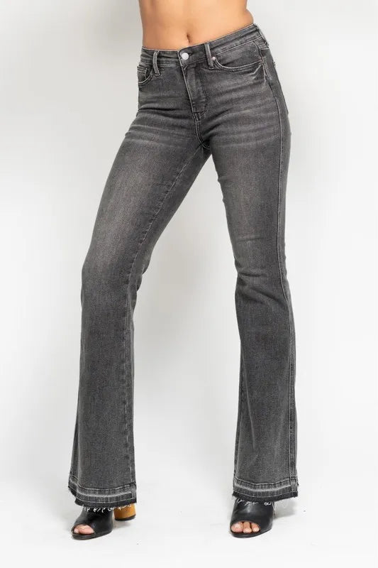 Judy Blue Full Size Mid Rise Tummy Control Washed Gray Release Hem Flare Jeans Plus Size - Lilixa.store
