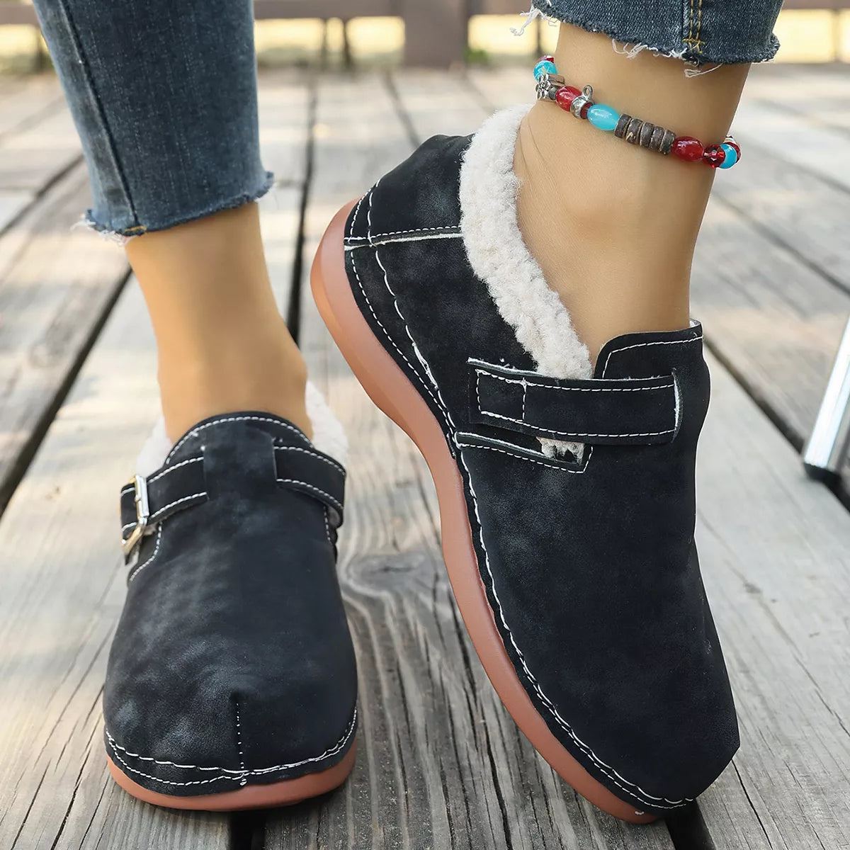 Faux Fur Lined Suede Loafers with Adjustable Buckle Strap