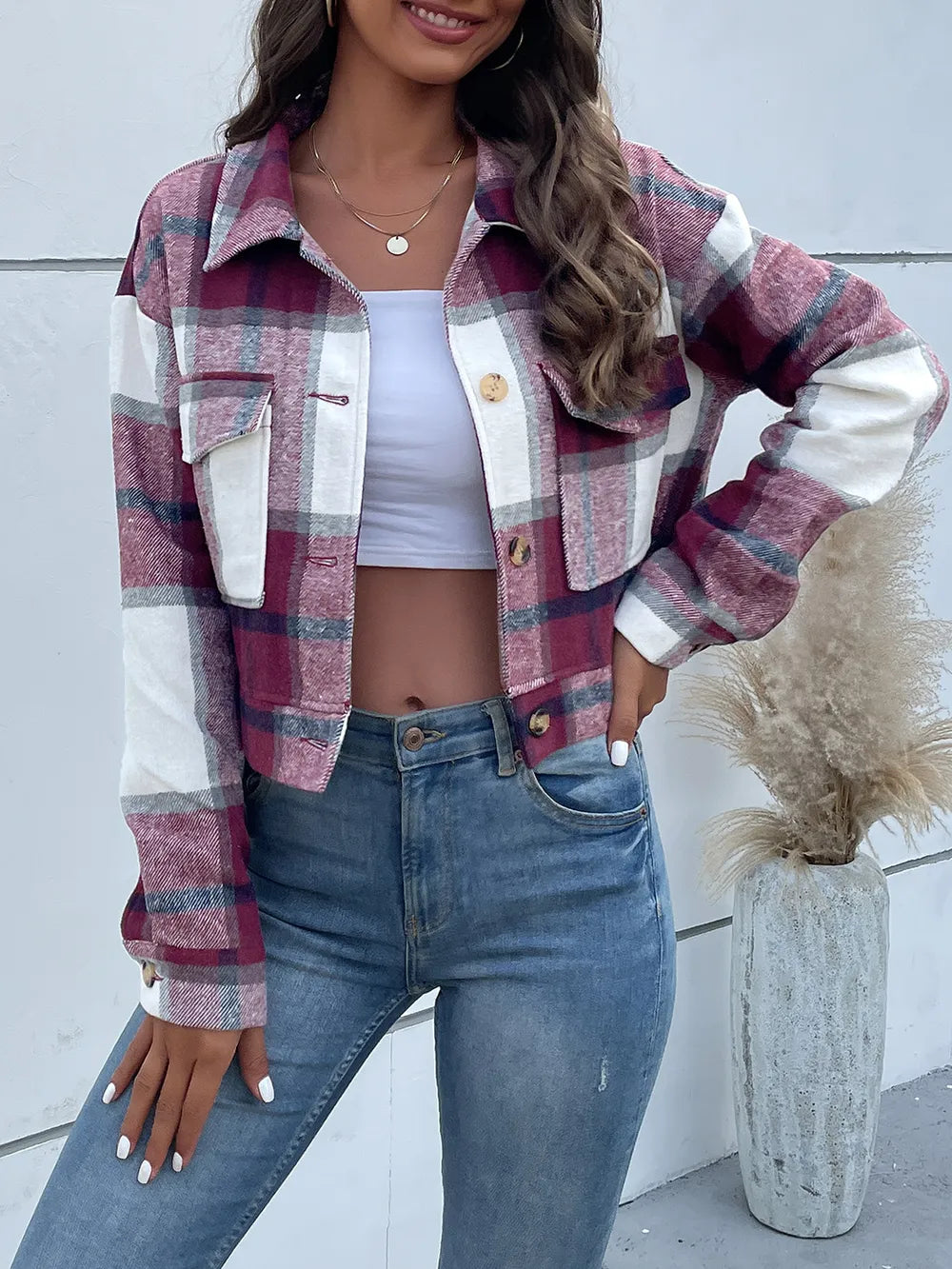 Perfee Plaid Button Up Drop Shoulder Cropped Jacket, view 22