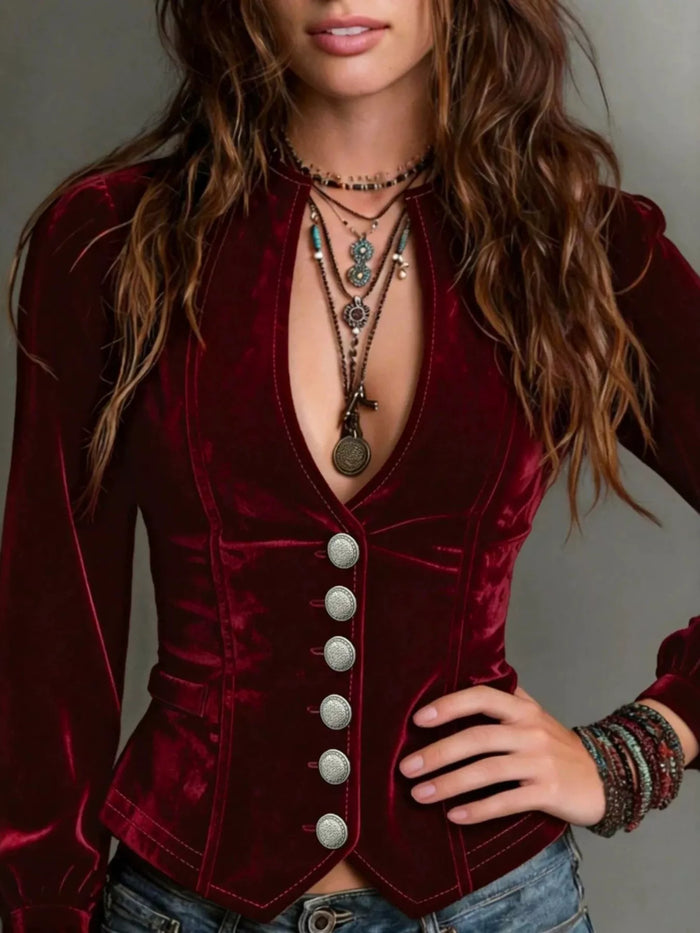 Button Down Plunge Velvet Shirt in Wine Red