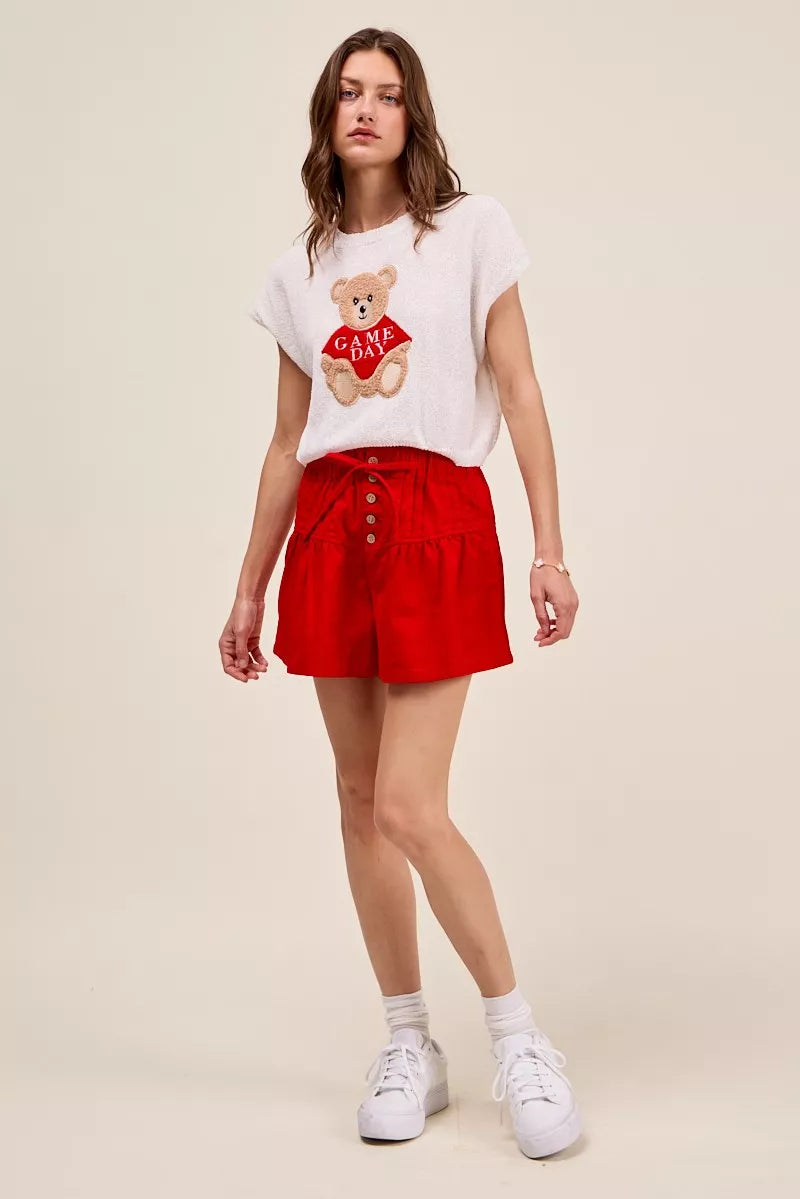SO ME Solid Twill Denim Pintucked Buttoned Shorts With Waist Tie in Red, view 6