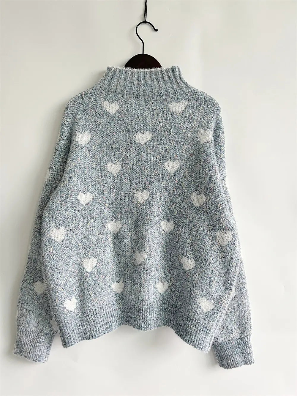 Heart Heathered Turtleneck Drop Shoulder Sweater, view 3