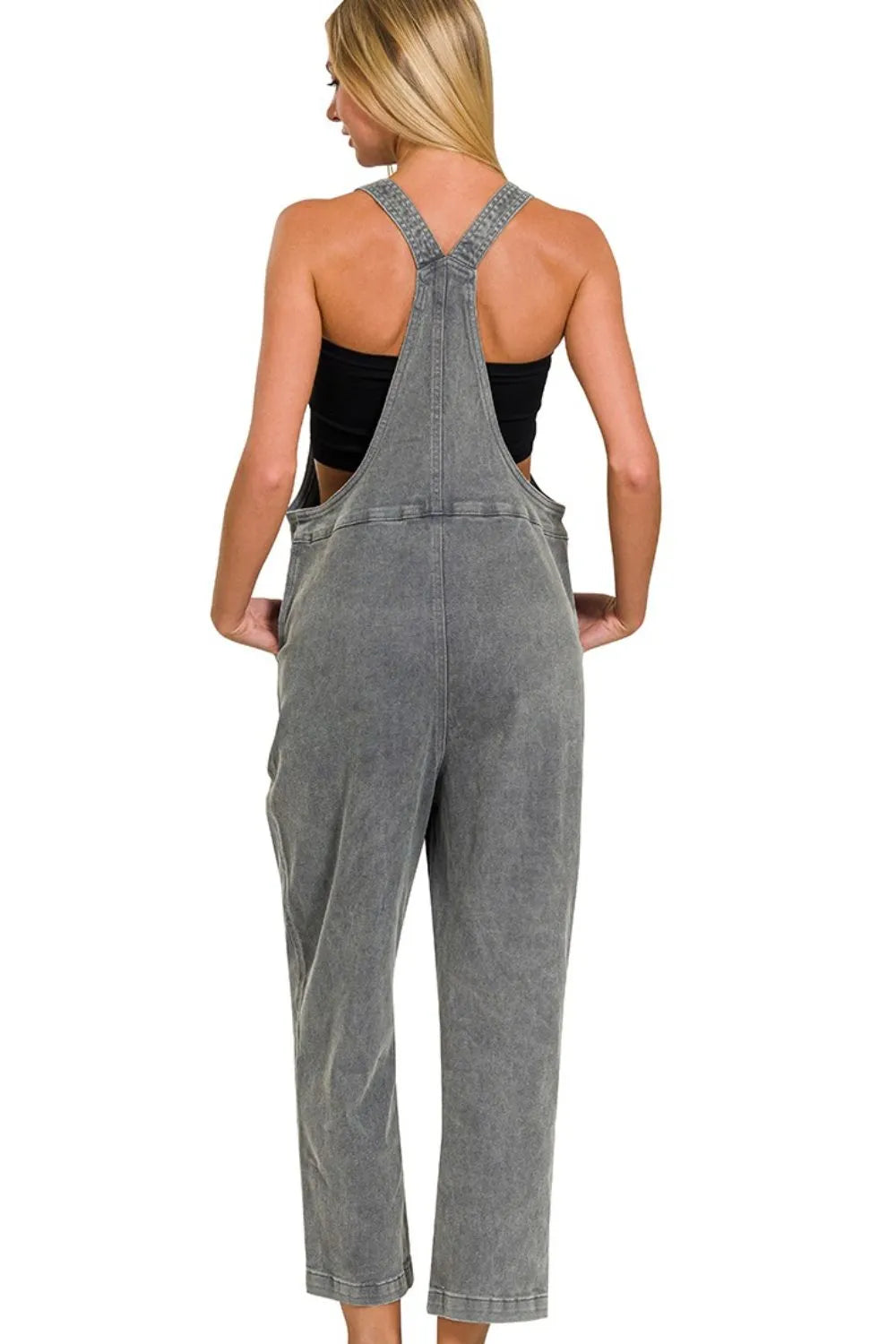 Zenana Washed Knot Strap Relaxed Fit Overalls in Ash Black, view 2