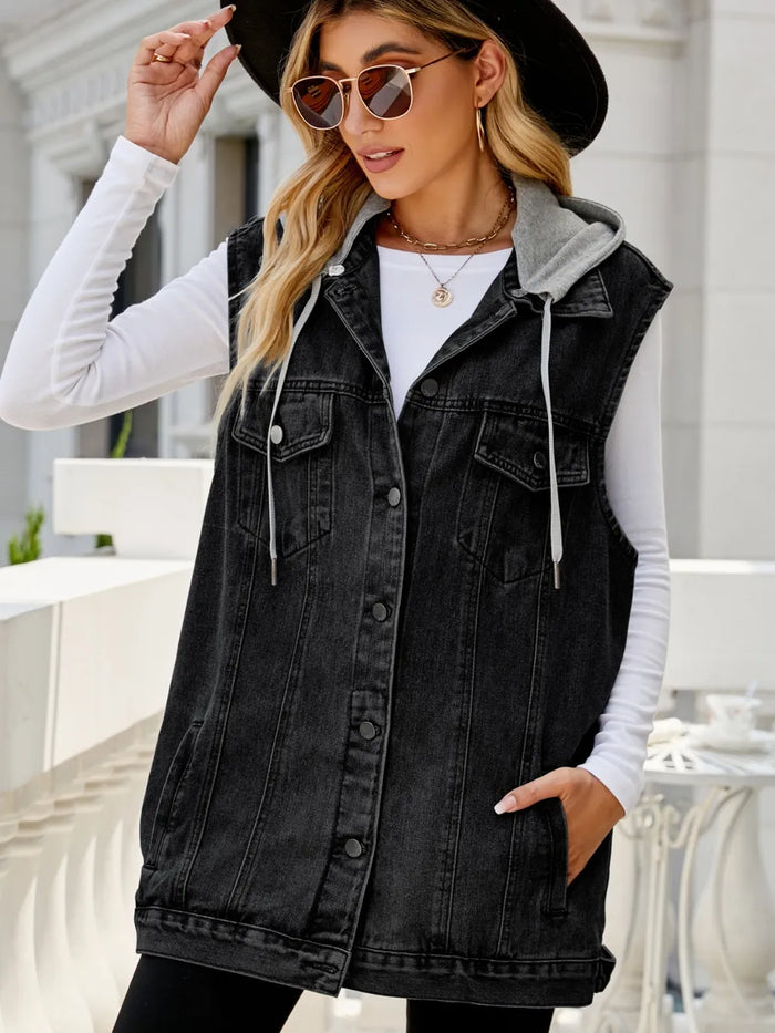 Drawstring Pocketed Button Up Sleeveless Denim Jacket in Black