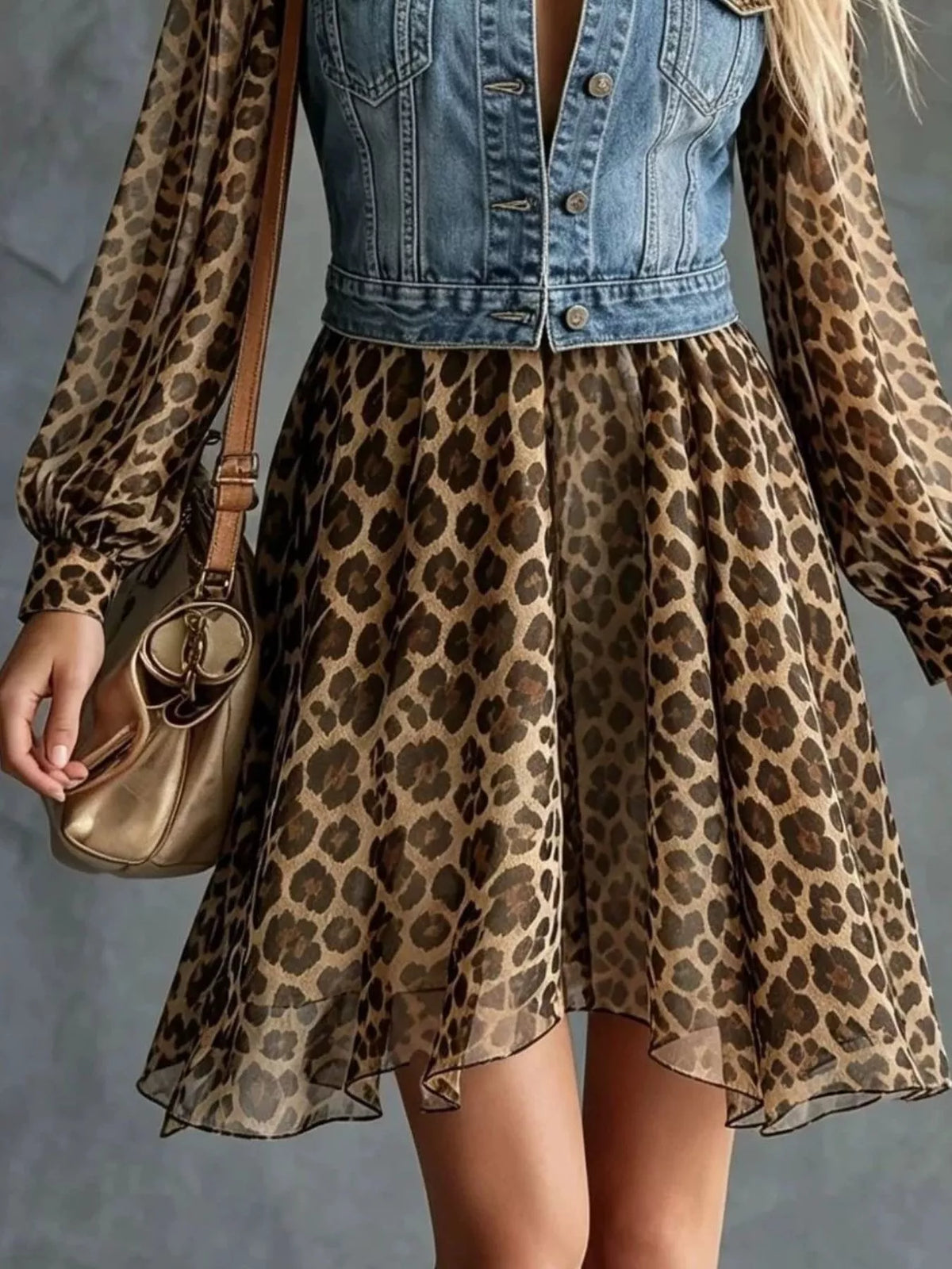 Full Size Denim Leopard Patchwork Mini Dress Plus Size - Lilixa.store