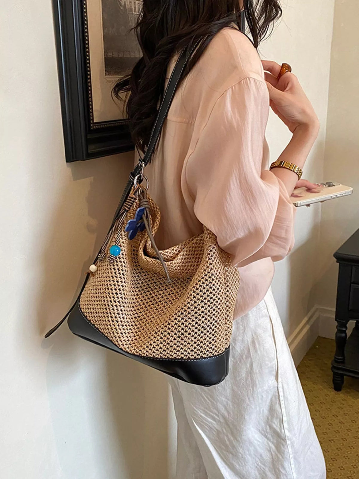 Leather Trim Woven Shoulder Bag - Lilixa.store