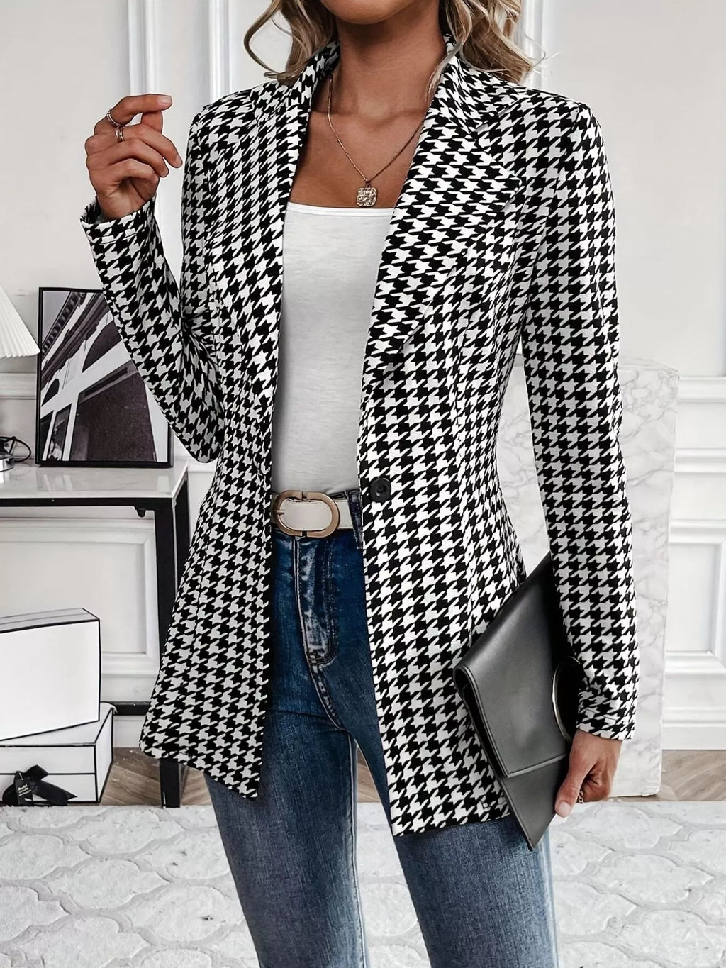 Houndstooth Print Lapel Collar Blazer - Lilixa.store