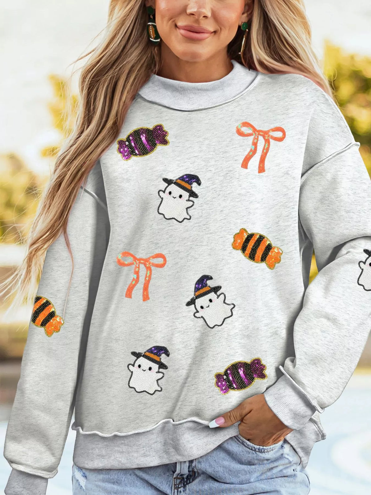 Halloween Sequin Ghost Candy Pullover Graphic Sweatshirt