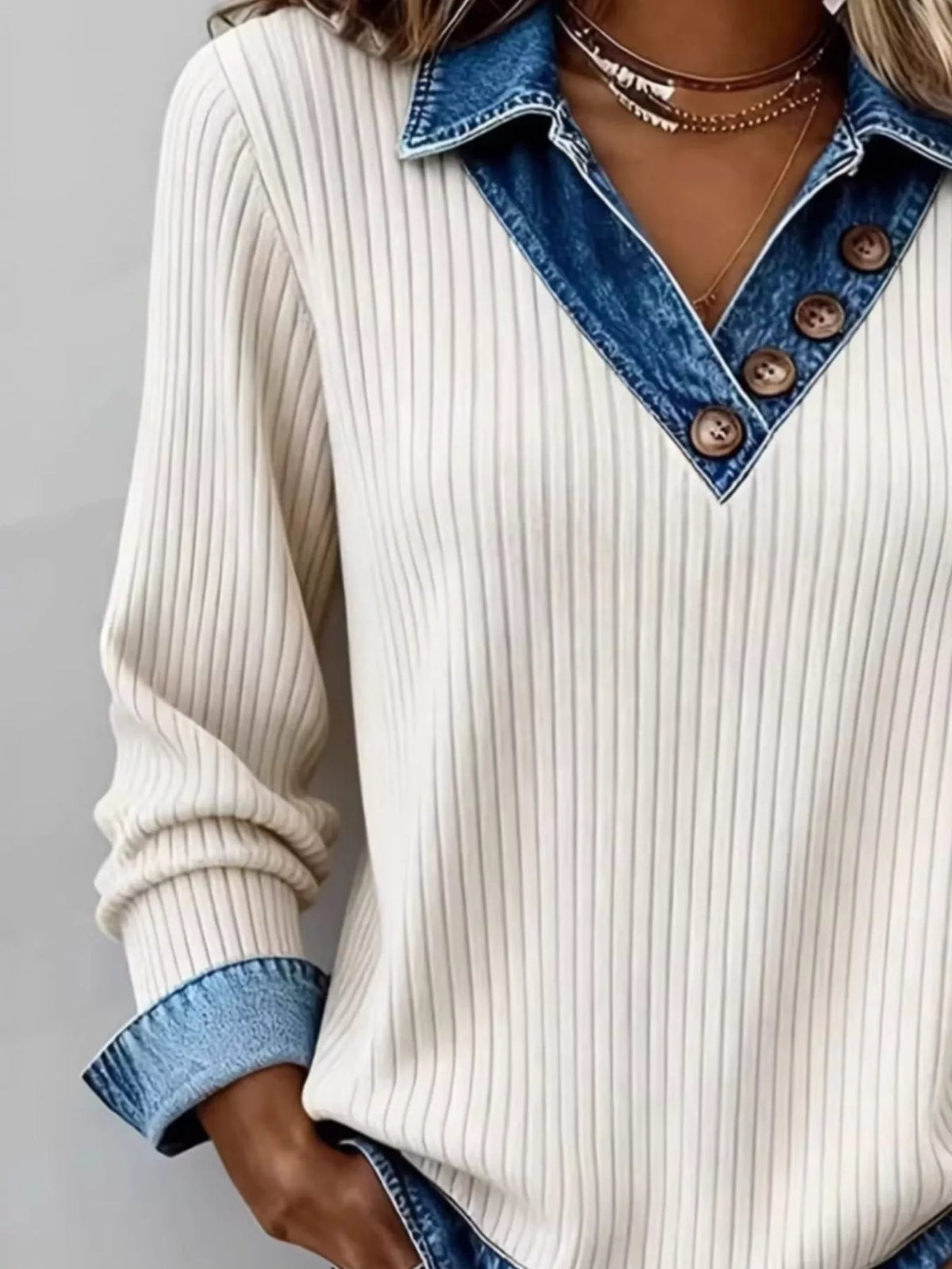 Ribbed Knit Denim Trim T-Shirt