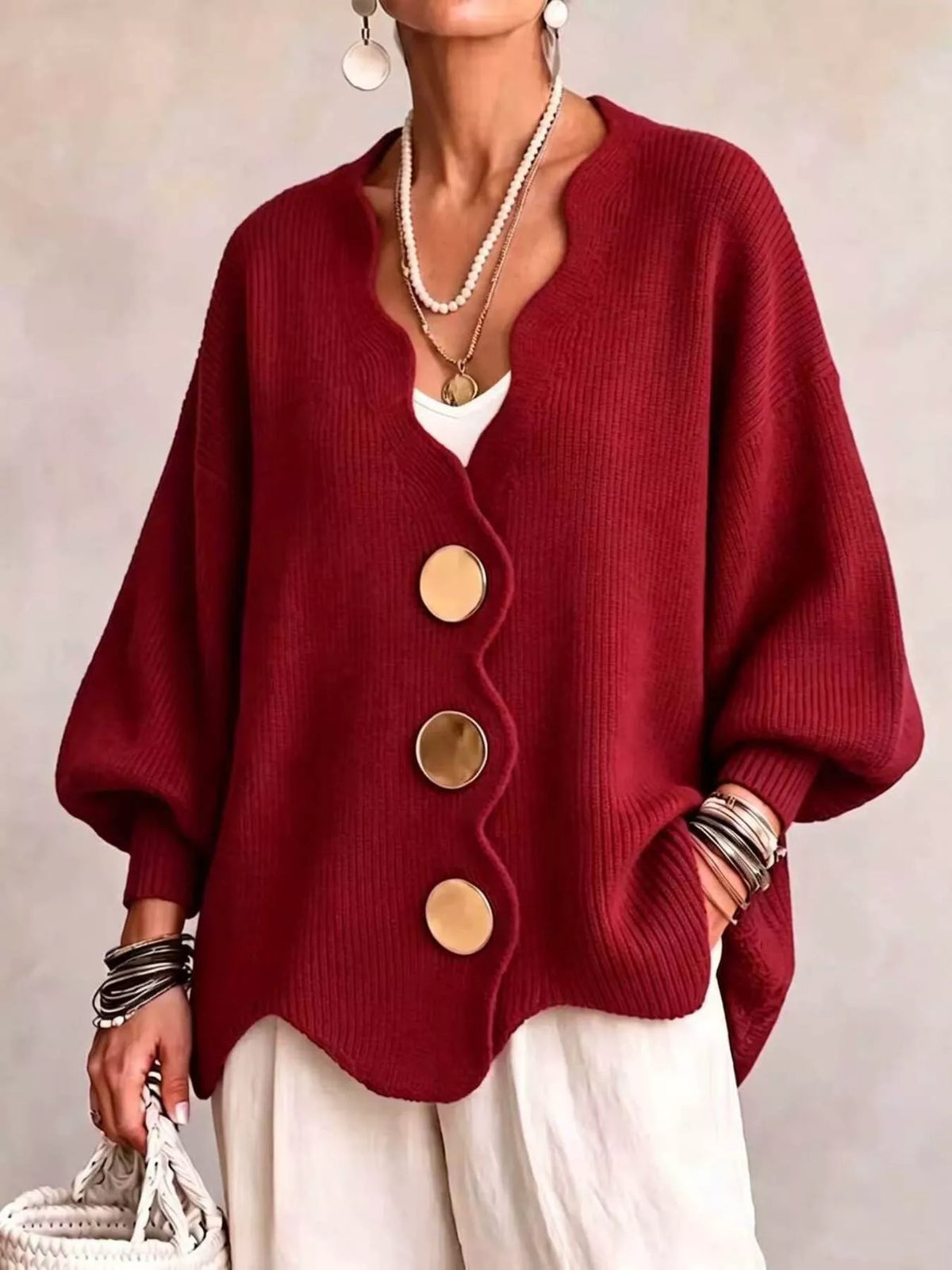 Full Size Scalloped-Edge Oversized Button-Down Cardigan Plus Size