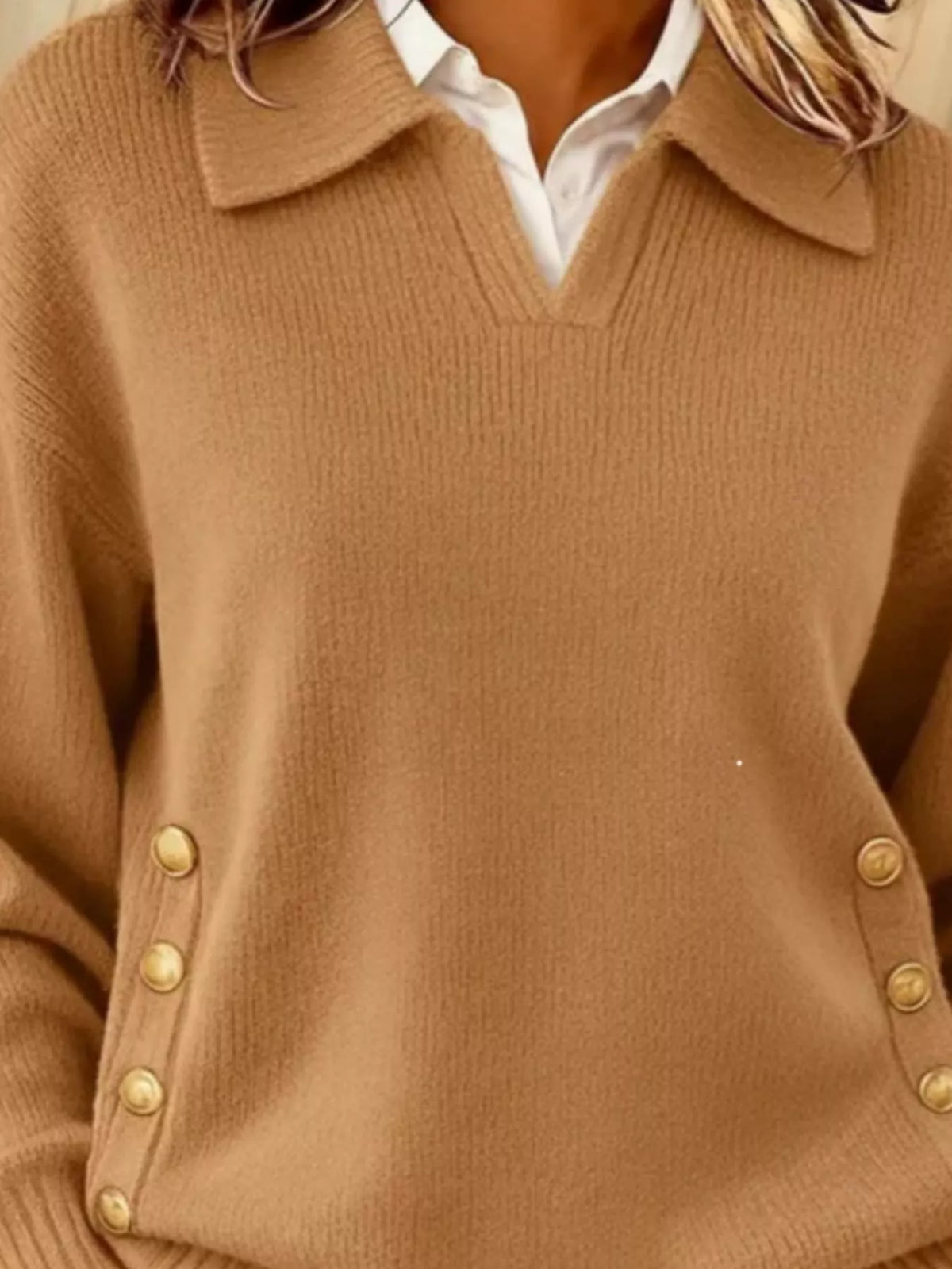 Full Size Decorative Button Dropped Shoulder Sweater Plus Size