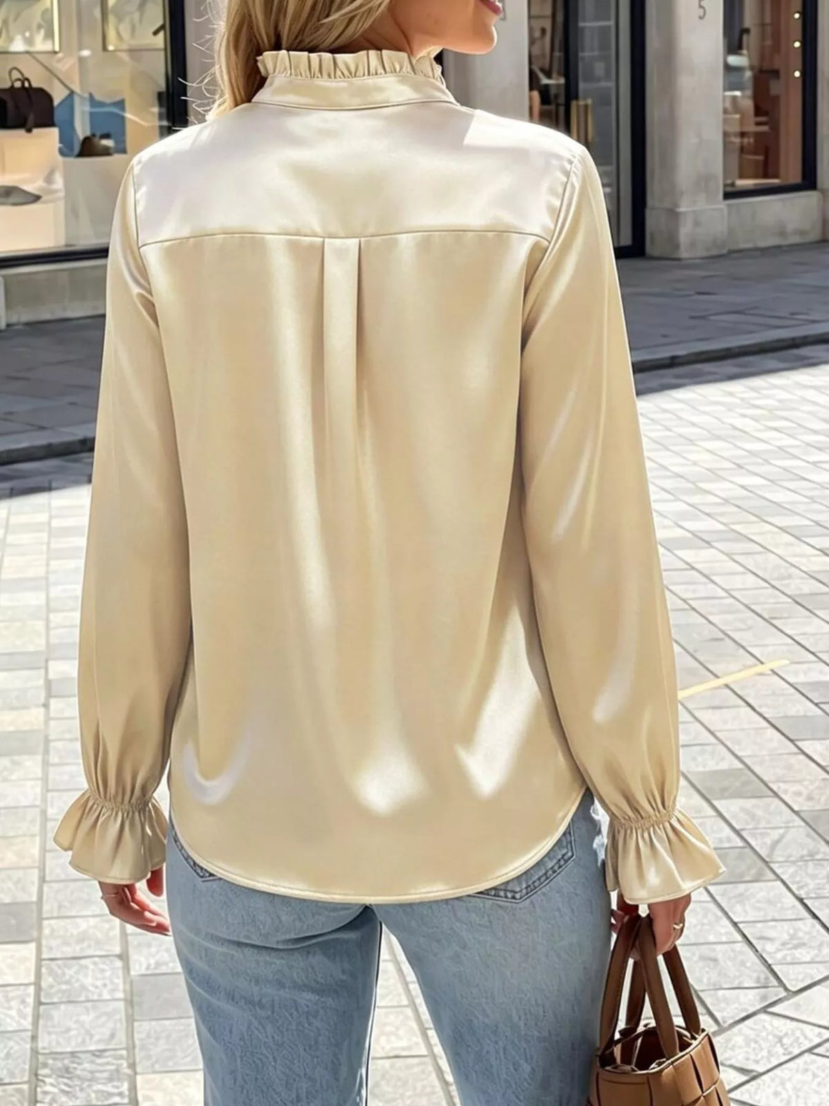 Elegant Button Down Ruffle Trim Satin Shirt, view 4