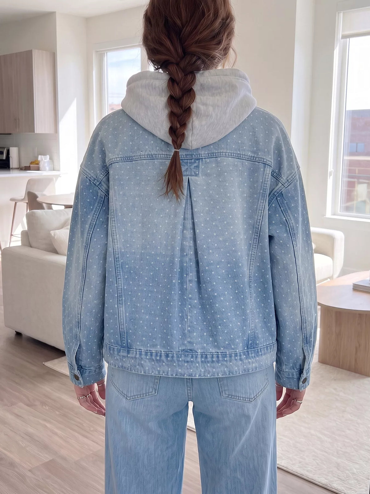 Polka Dot Long Sleeve Collar Pocket Casual Shift Silhouette Denim Jacket in Light Blue, view 5