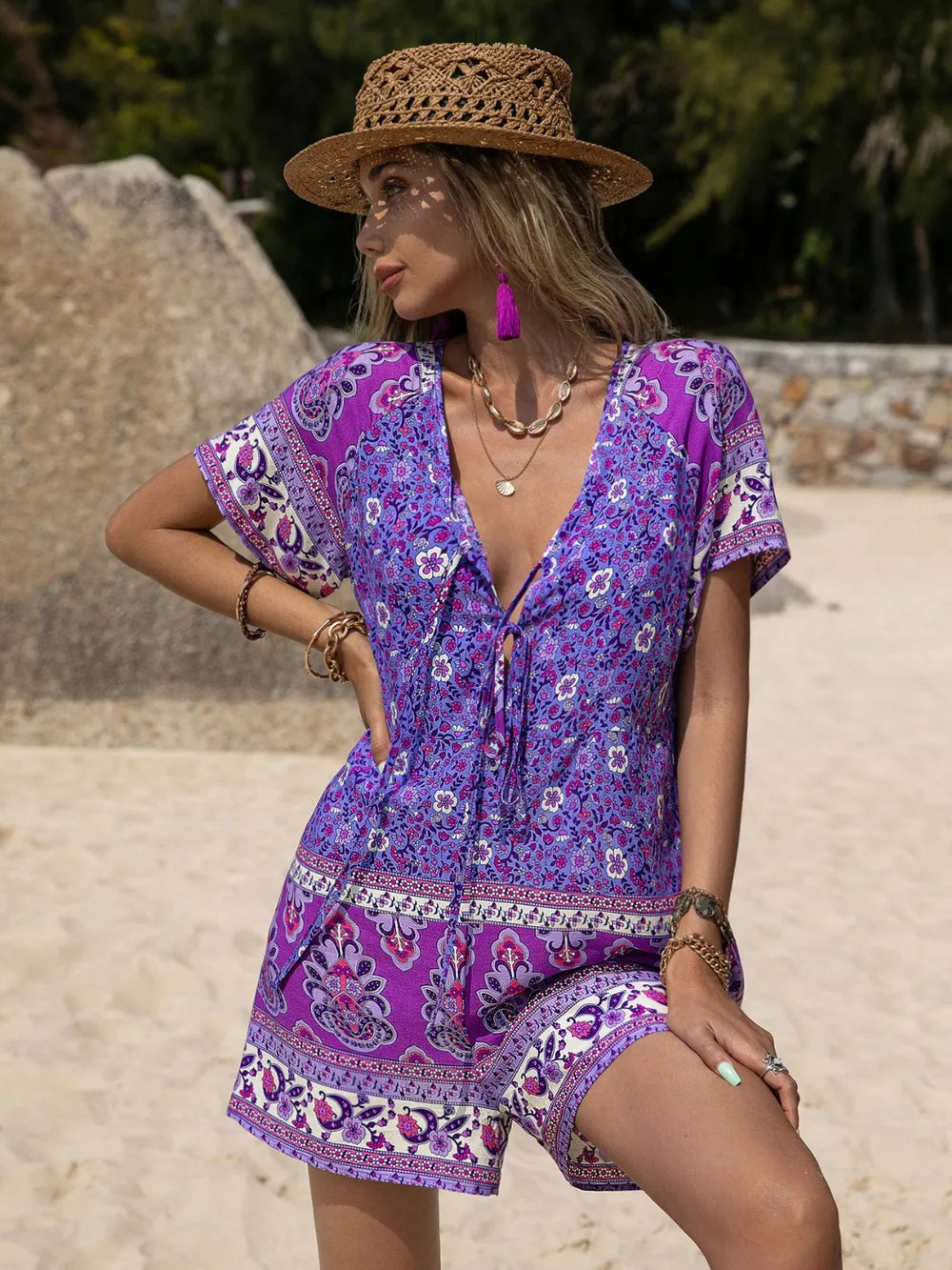 Tied Printed Short Sleeve Romper - Lilixa.store