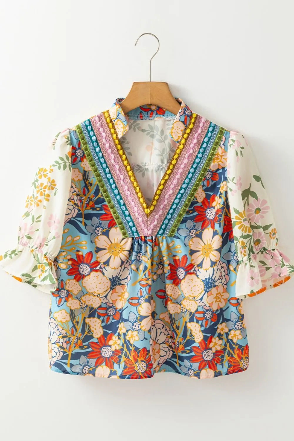 Multicolour Crochet V Neck Half Sleeve Boho Floral Blouse, view 7