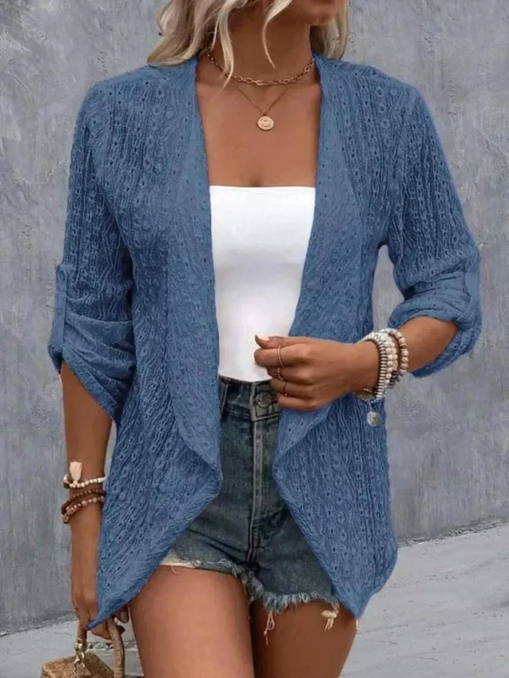 Eyelet Roll-Tab Sleeve Cardigan - Lilixa.store