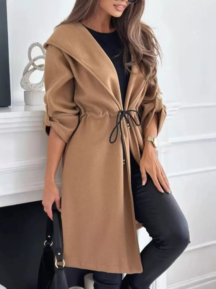 Full Size Hooded Drawstring Waist Casual Outerwear Plus Size in Light Brown