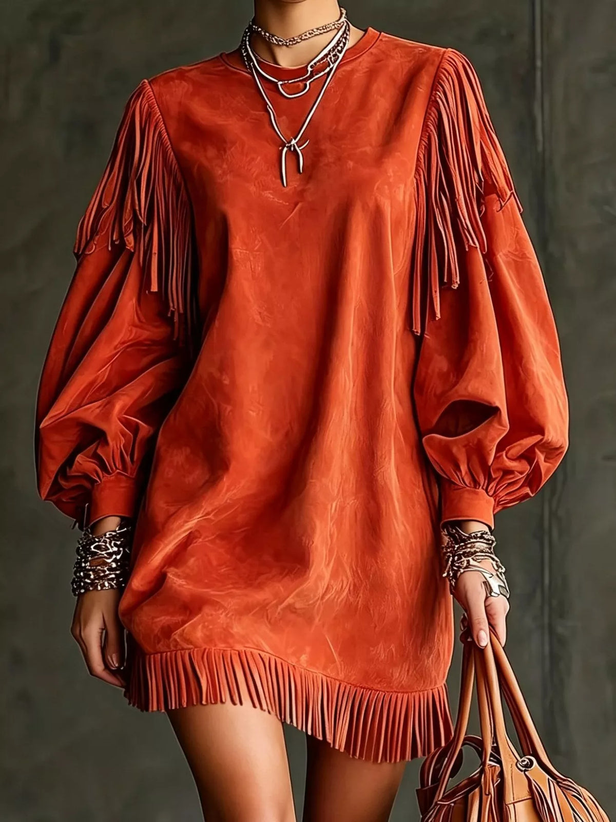 Fringe Detail Lantern Sleeve Mini Dress - Lilixa.store