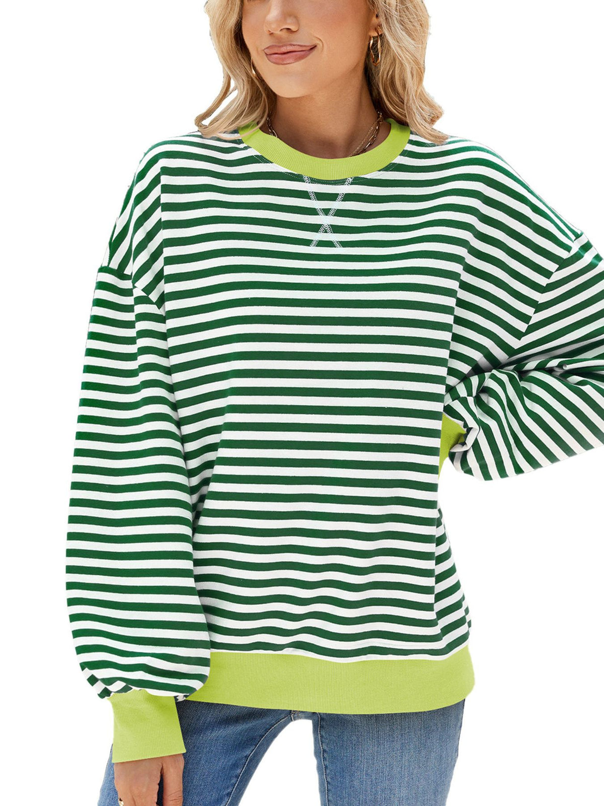 Striped Crew Neck Long Sleeve Sweatshirt - Lilixa.store