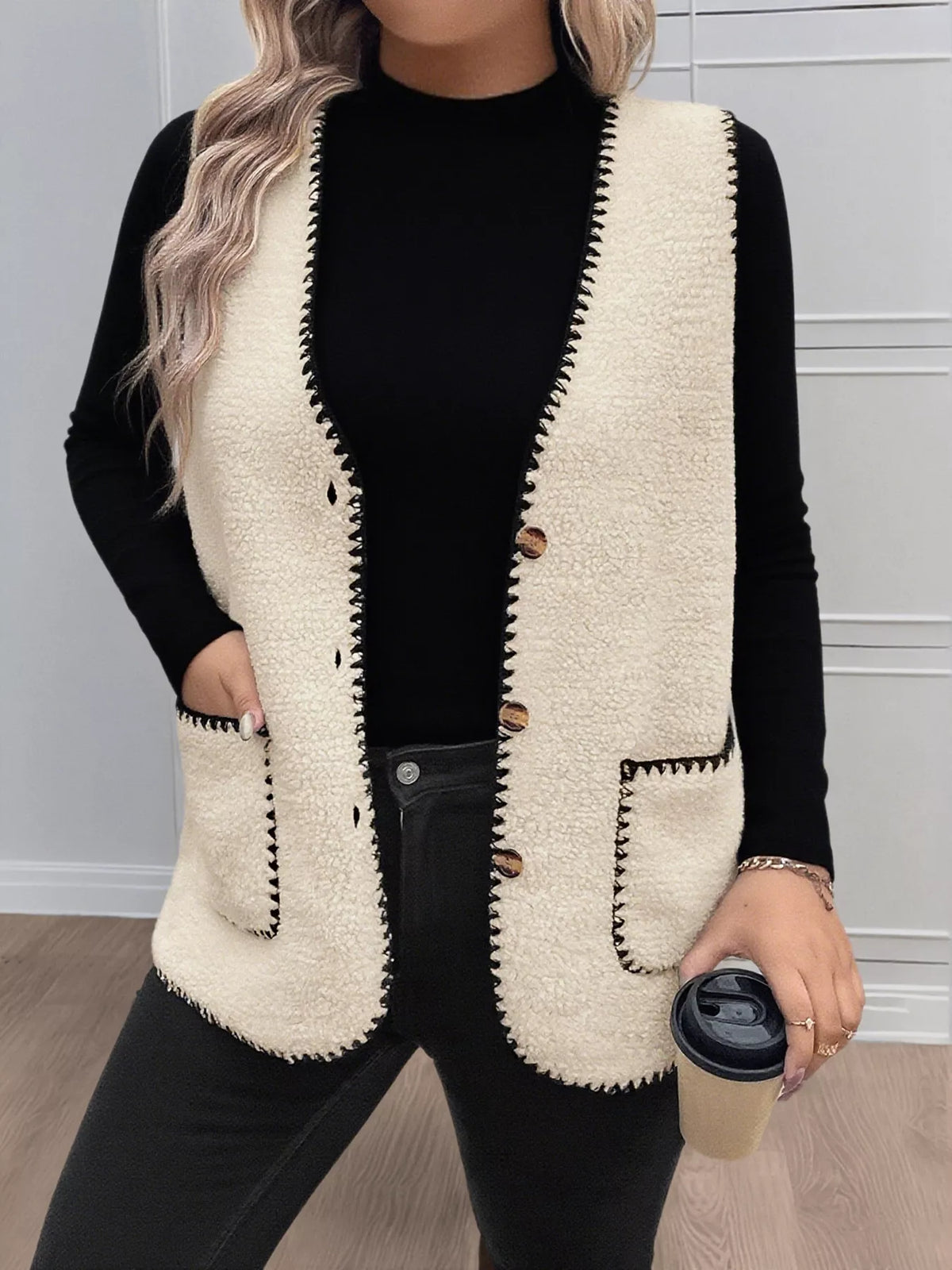 Plus Size Contrast Trim Button Up Vest Coat in Beige, view 4
