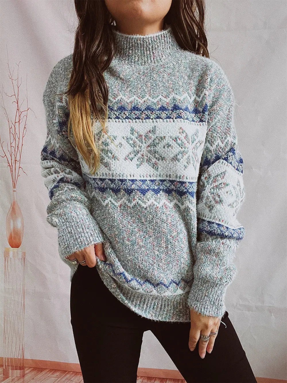 Geometric Mock Neck Dropped Shoulder Sweater in Cloudy Blue