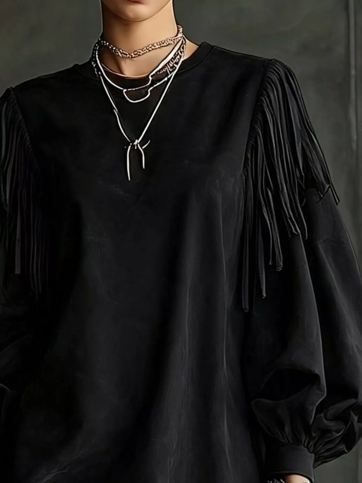 Fringe Detail Lantern Sleeve Mini Dress - Lilixa.store